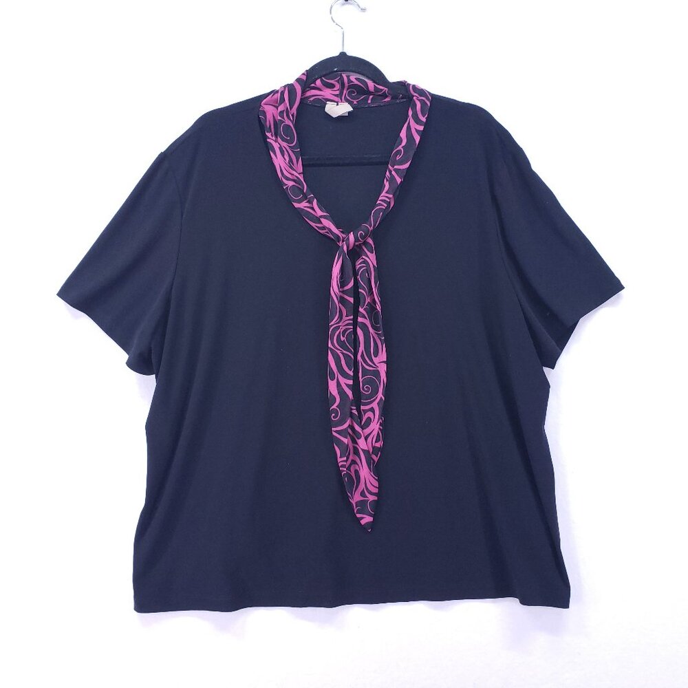 Vintage Susan Lawrence Womens Blouse Plus Size 2X Black With Pink Scarf Modest